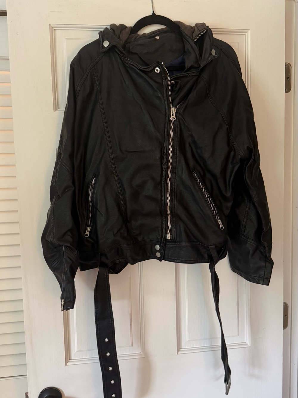 Free People Black Faux Leather Hooded Moto Jacket